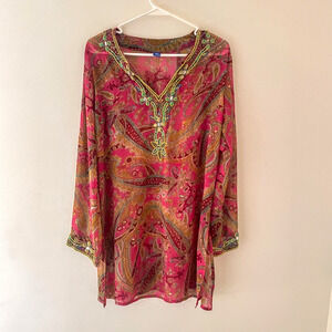 Raj 100% Silk Boho Paisley Tunic Top Beaded Pink Sheer Festival Kaftan Cover Up